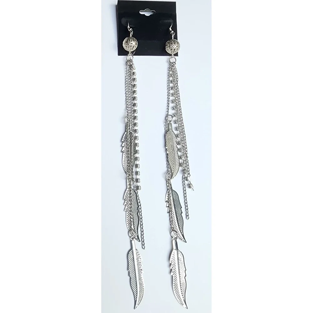 Dangle Feather Earrings Silver Tone